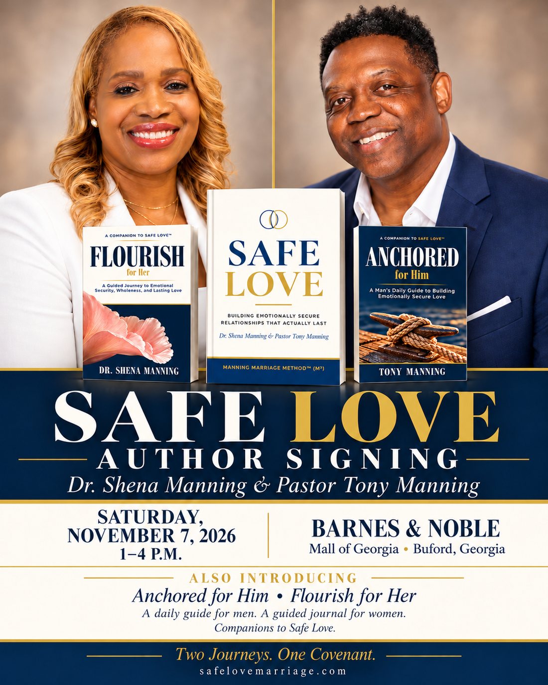 Safe Love author signing with Dr. Shena Manning and Pastor Tony Manning, Saturday, November 7, 2026, Barnes and Noble, Mall of Georgia